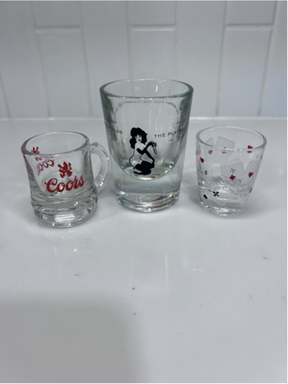 Vintage Shot Glass Lot Of 3 - Playboy Clubhouse, Coors Mug, Card Suites - MCM